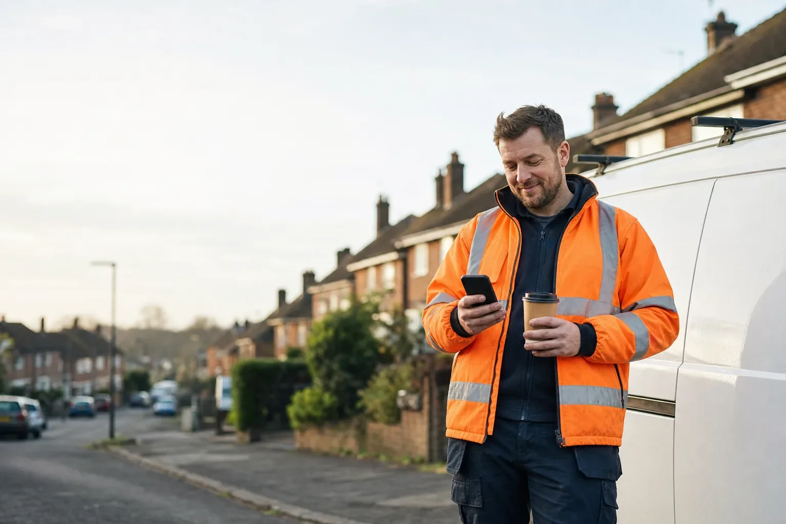Tradesperson in hi-vis checking their phone beside a van early in the morning