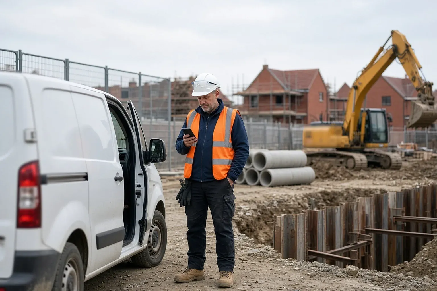 A groundworks contractor in a hard hat and hi-vis checking his phone beside a white van at the edge of a UK drainage site