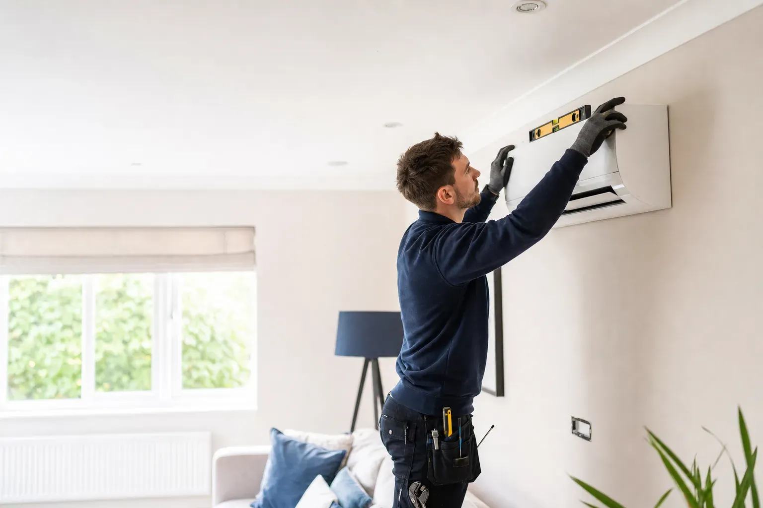An installer mounting a wall-split air conditioning unit in a UK home.
