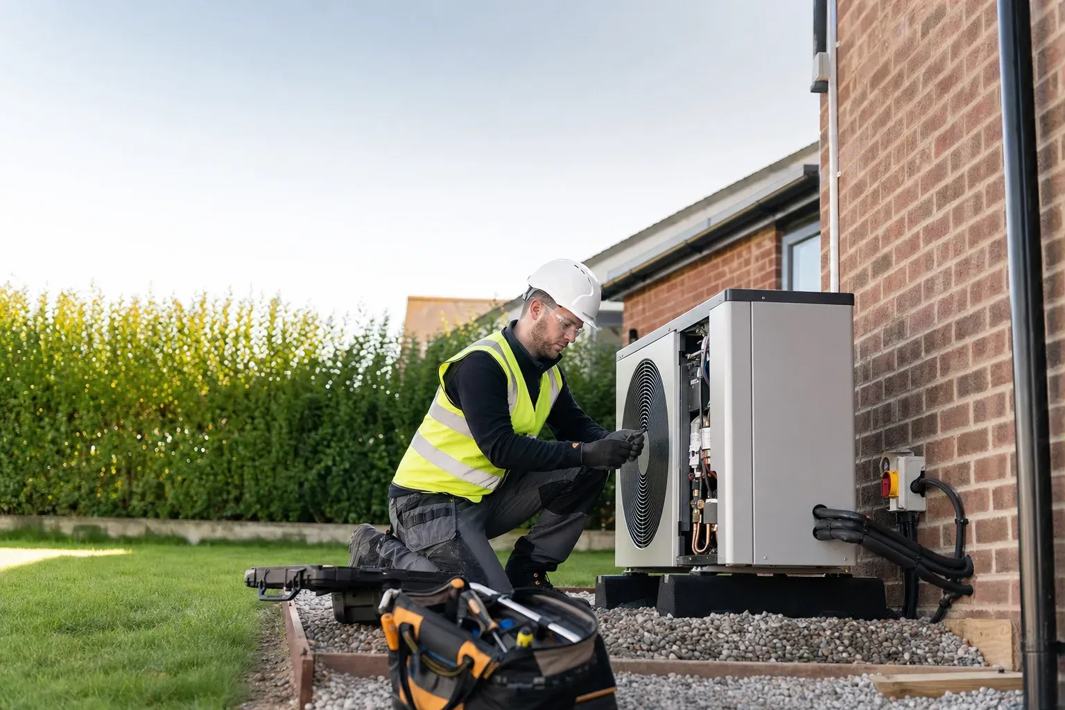 An installer commissioning an air-source heat pump at a UK home.