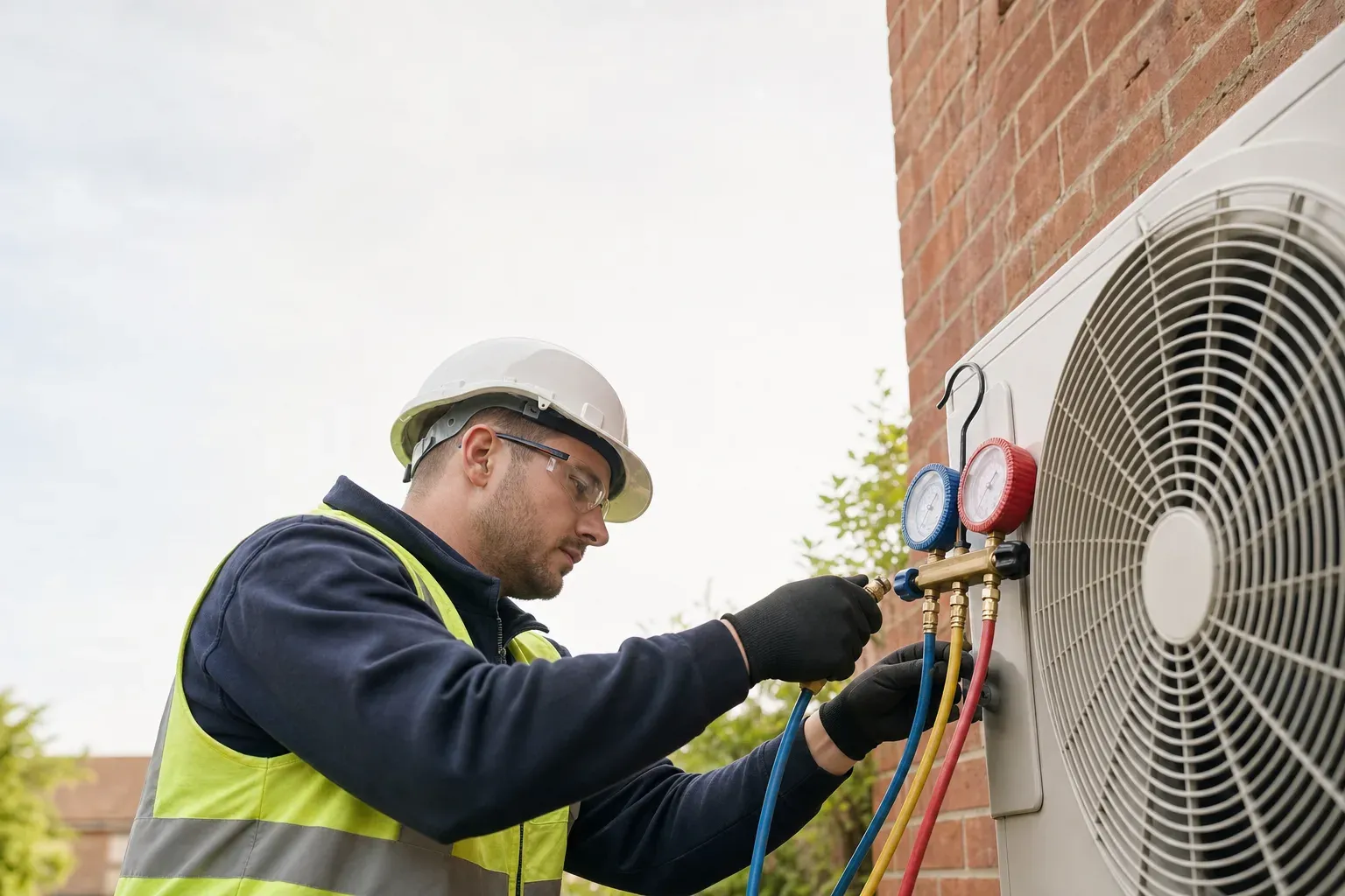 An installer connecting gauges to an outdoor air conditioning condenser.