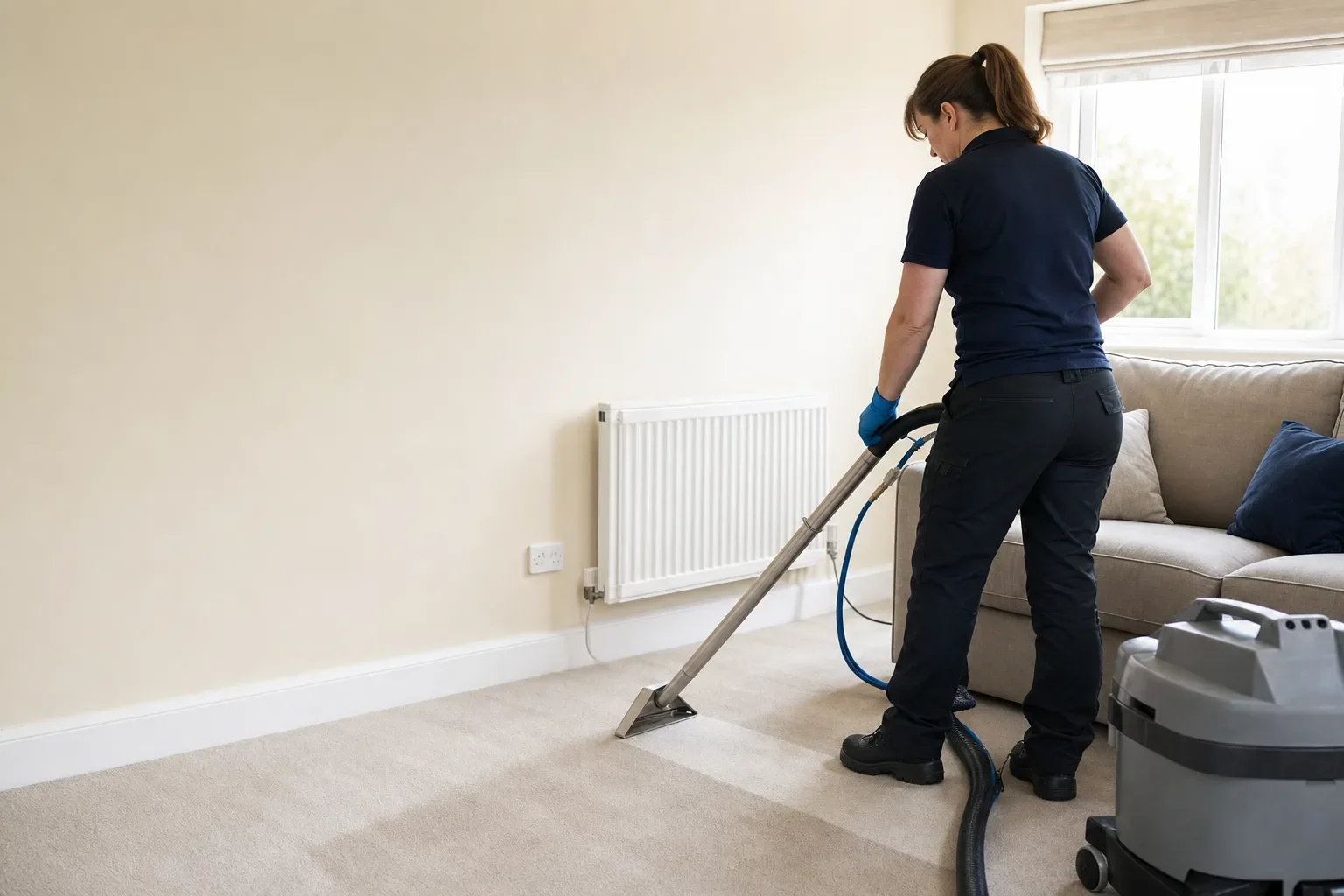 A carpet cleaner drawing a cleaning wand across a carpet in a bright living room, leaving a clean track behind it
