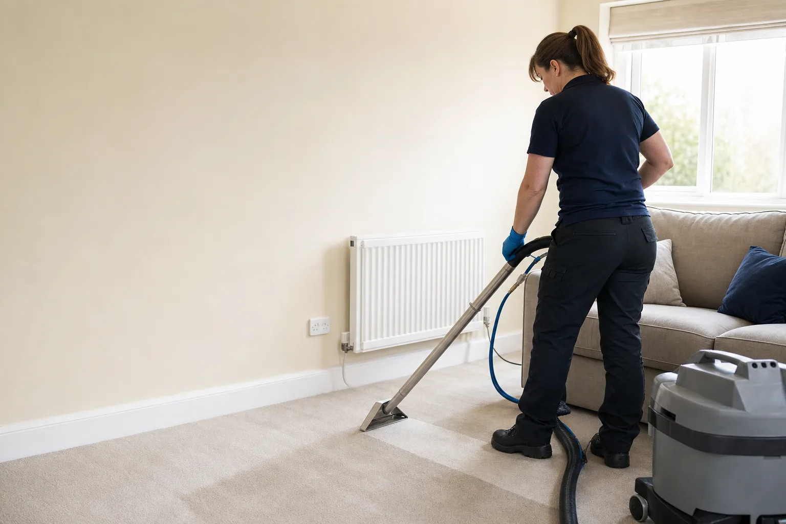 A carpet cleaner drawing a cleaning wand across a carpet in a bright living room, leaving a clean track behind it