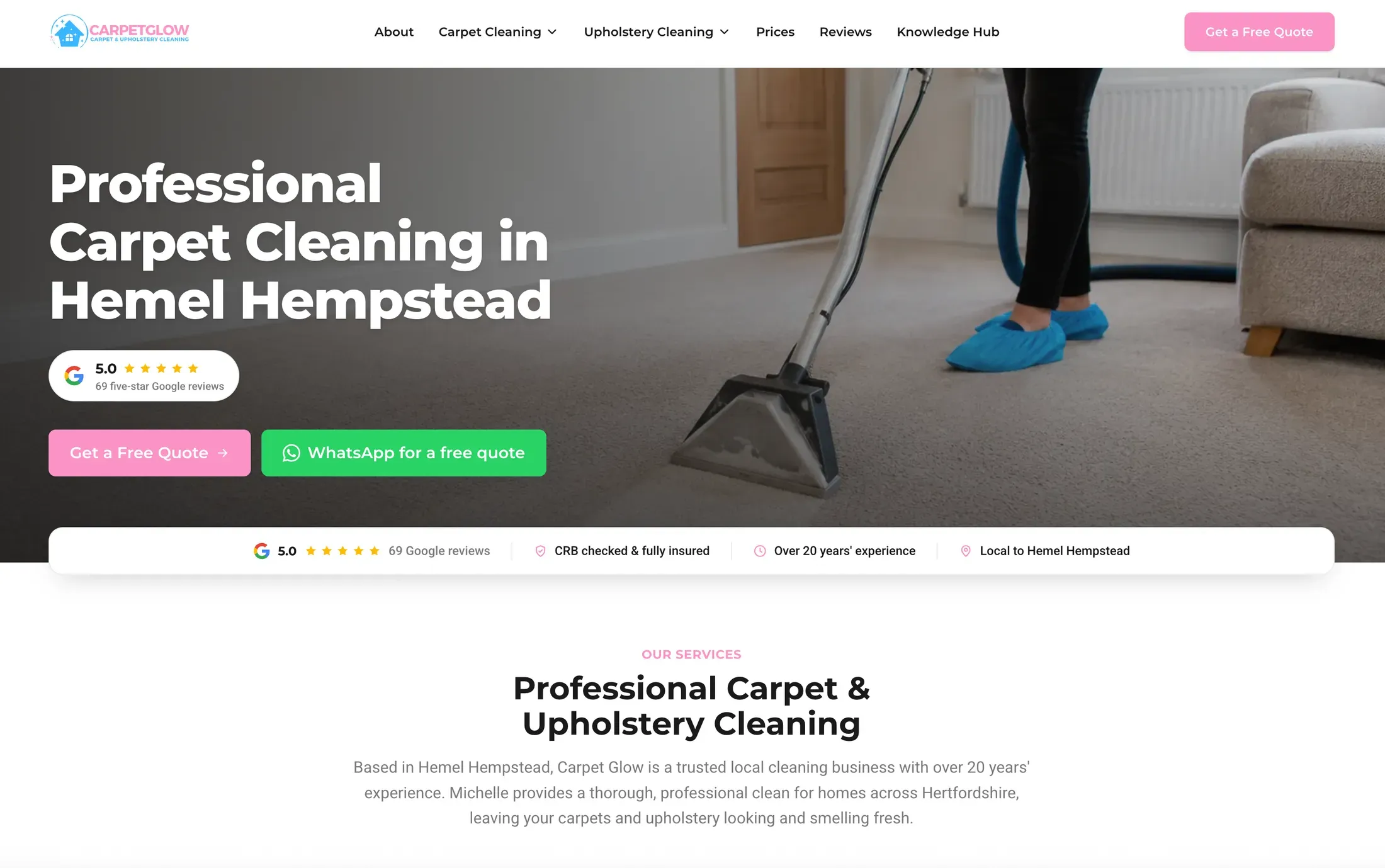The CarpetGlow website, designed and built in house by We Are SMC