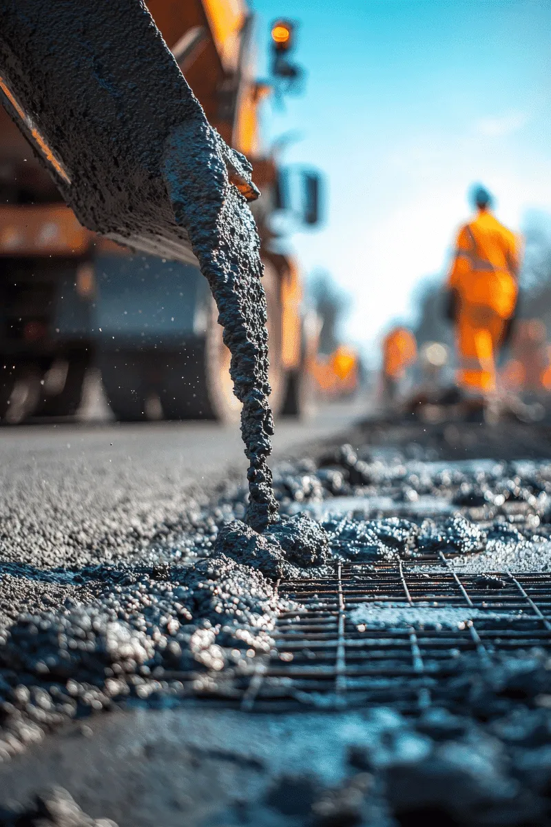 Concrete pouring over steel reinforcement mesh on a live civils site