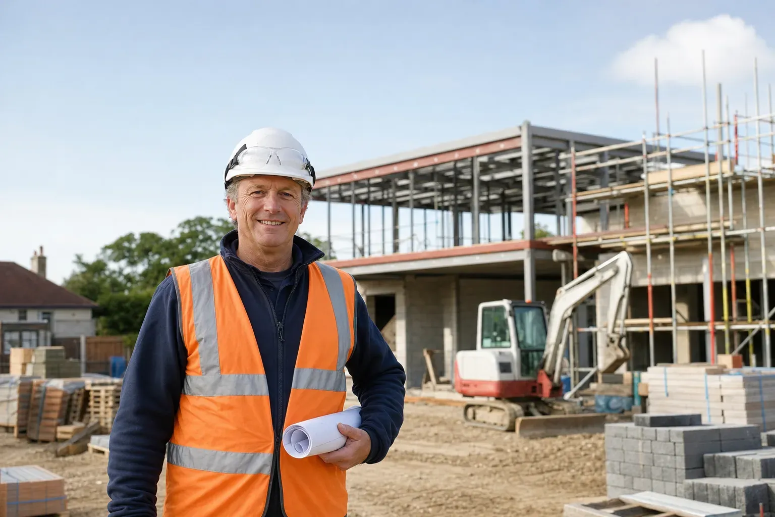 A construction company director in a hard hat and hi-vis on a live UK building site