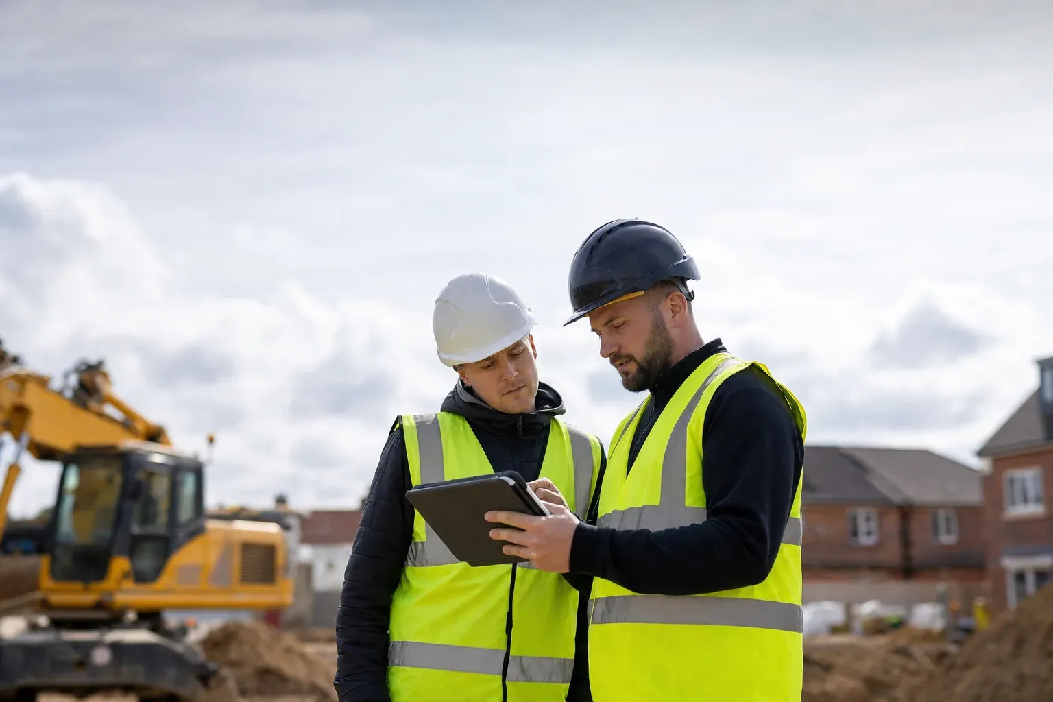 Two contractors reviewing plans on a tablet at a UK construction site.