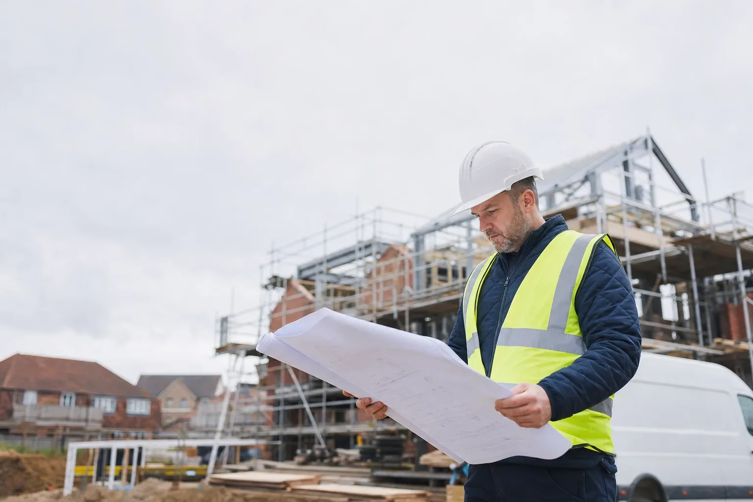 A site manager in hi-vis studying a large drawing beside a new-build frame and a white van