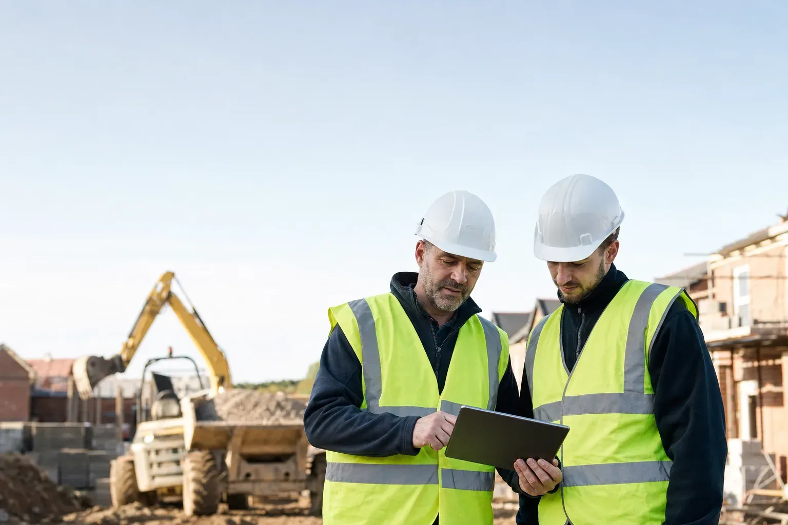Two contractors reviewing plans on a tablet at a UK construction site.