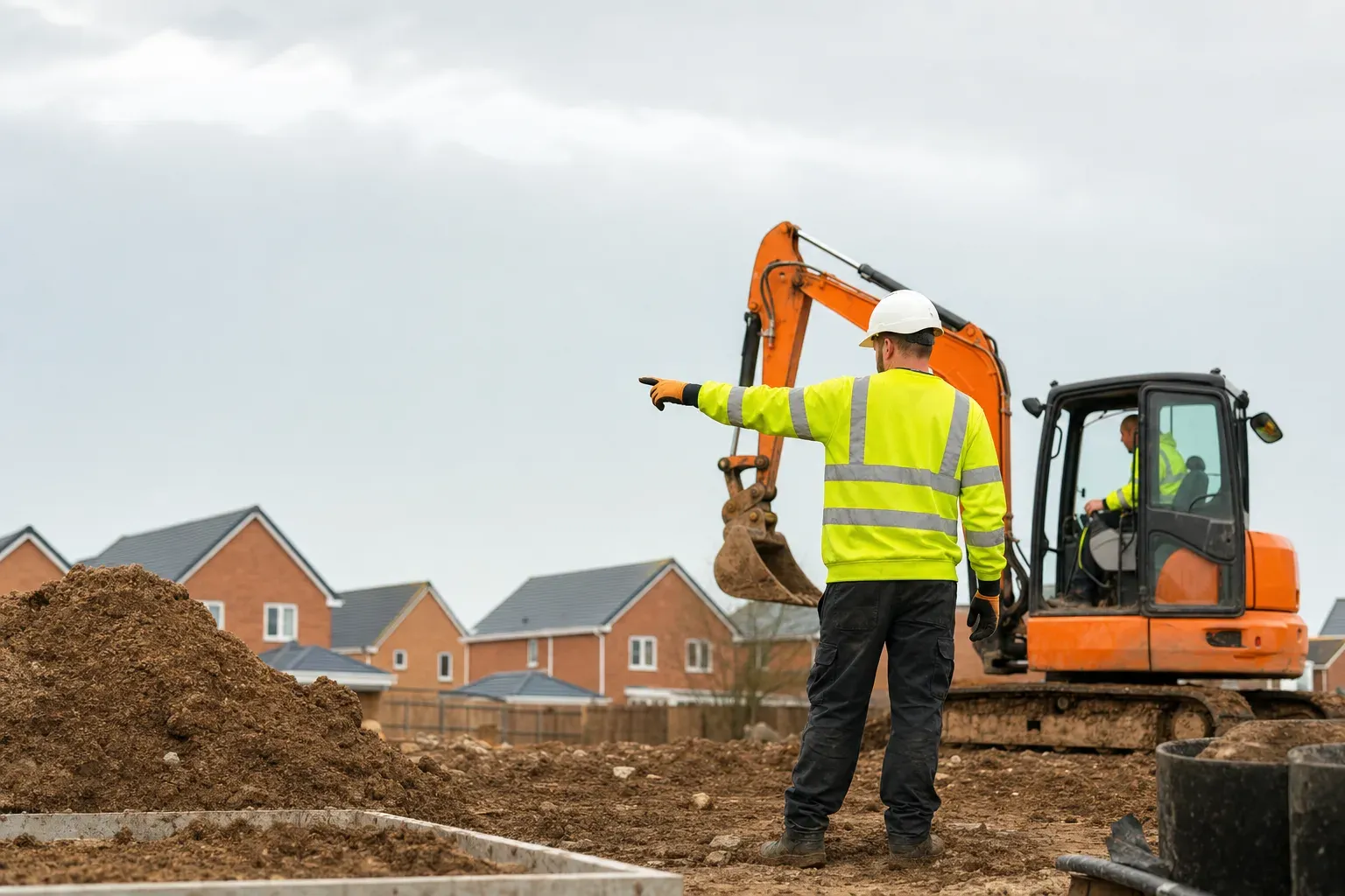 A groundworks contractor beside an excavator on a UK civils site.