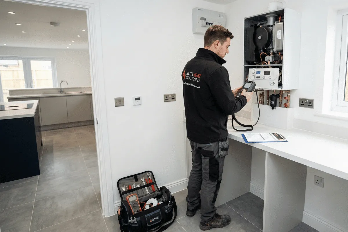 Engineer running checks on a wall-mounted boiler during a service visit