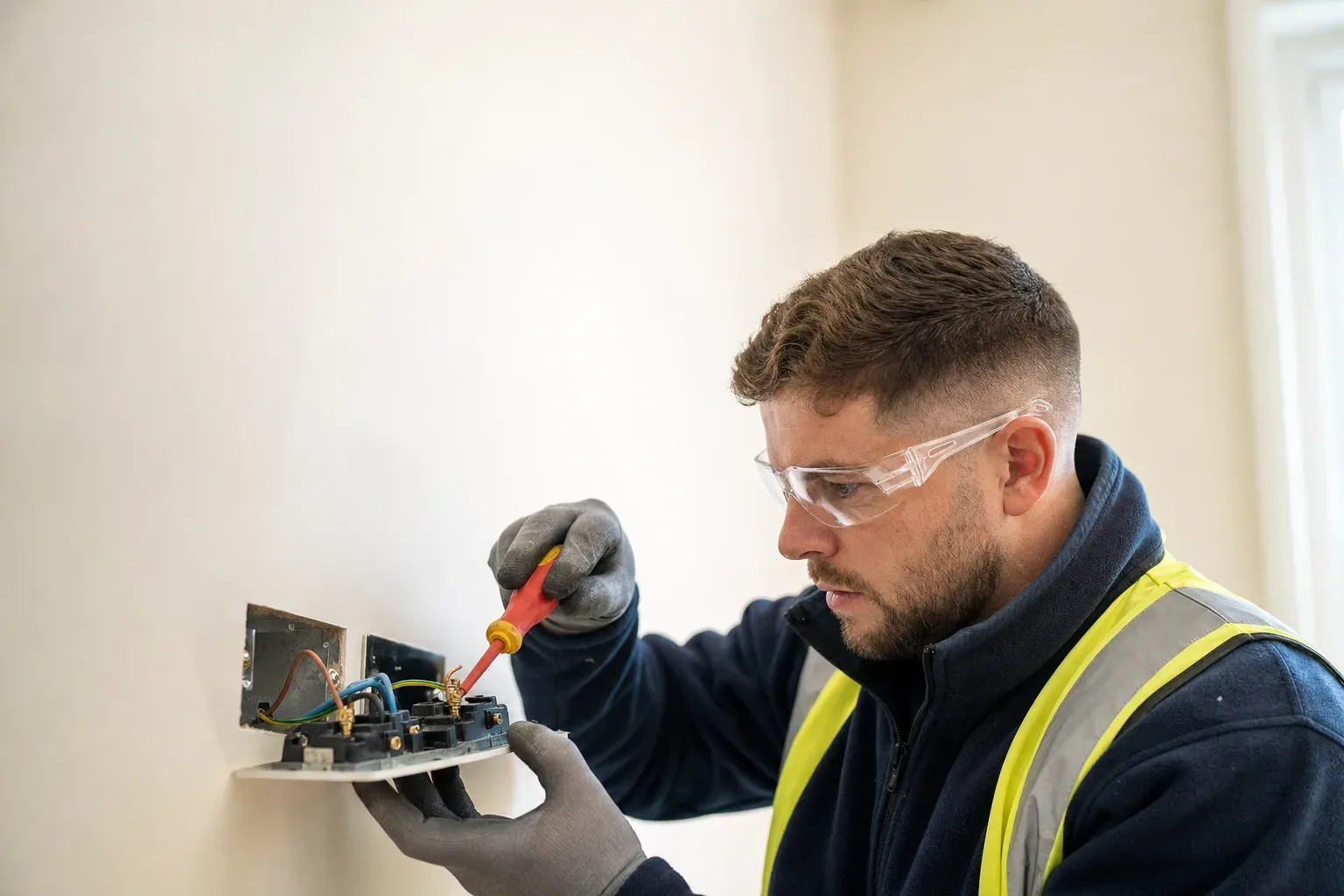 An electrician in gloves wiring a UK wall socket with a screwdriver.