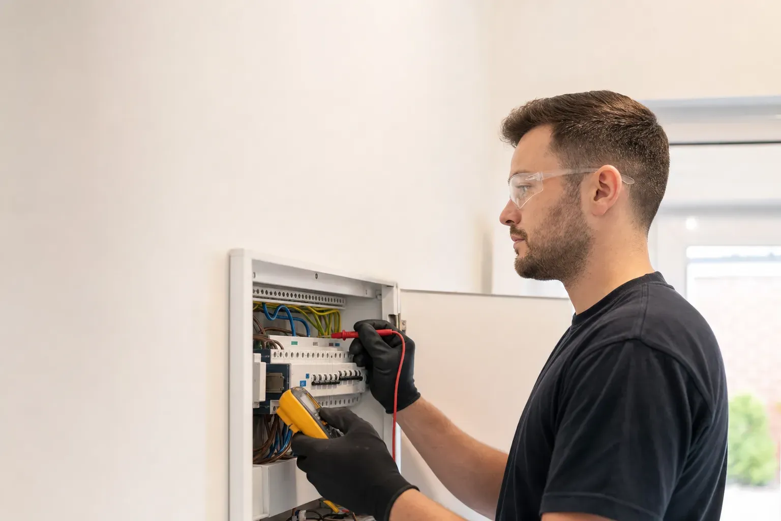 An electrician in gloves and safety glasses testing a consumer unit in a UK home.