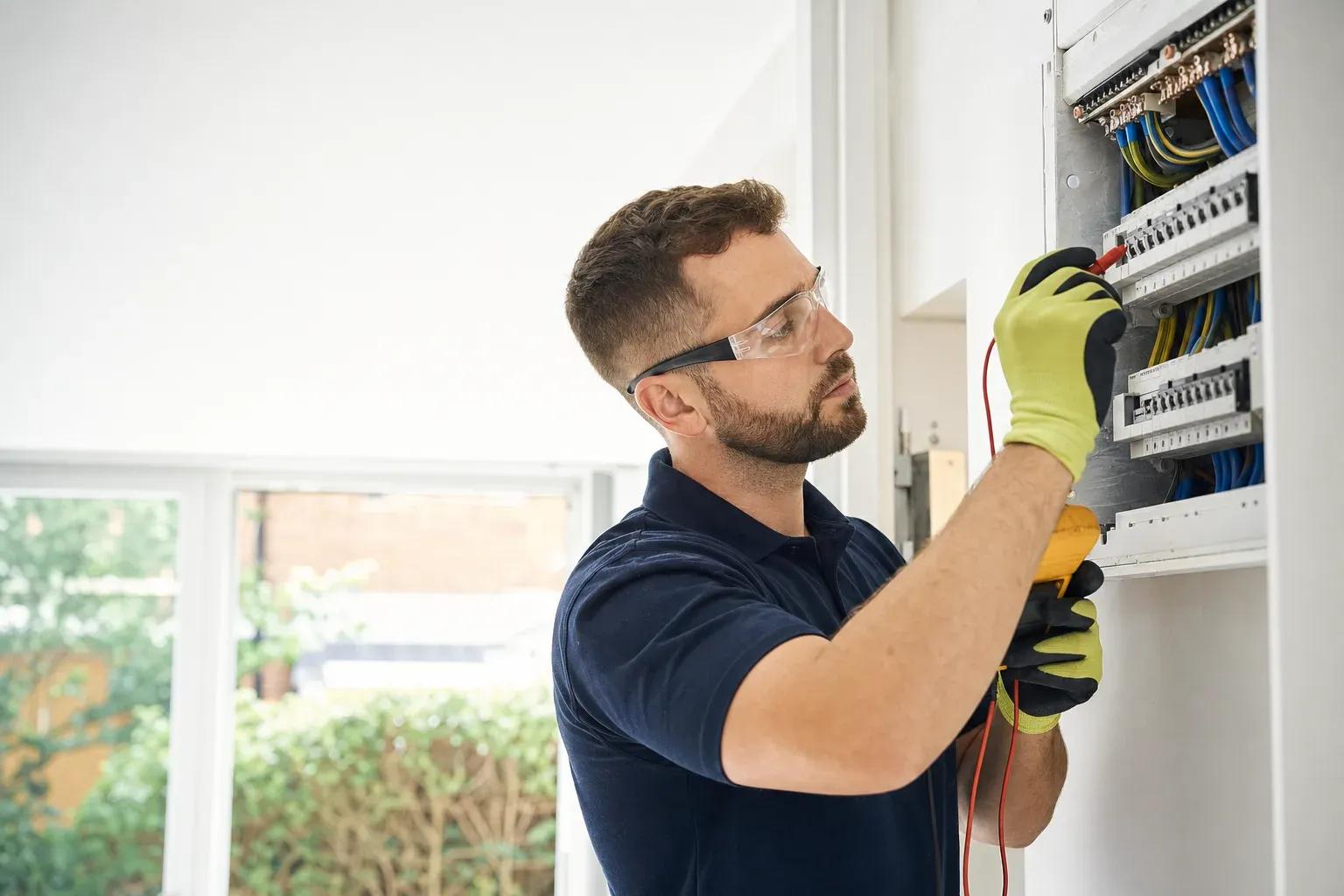 An electrician in gloves and safety glasses testing a consumer unit in a UK home.