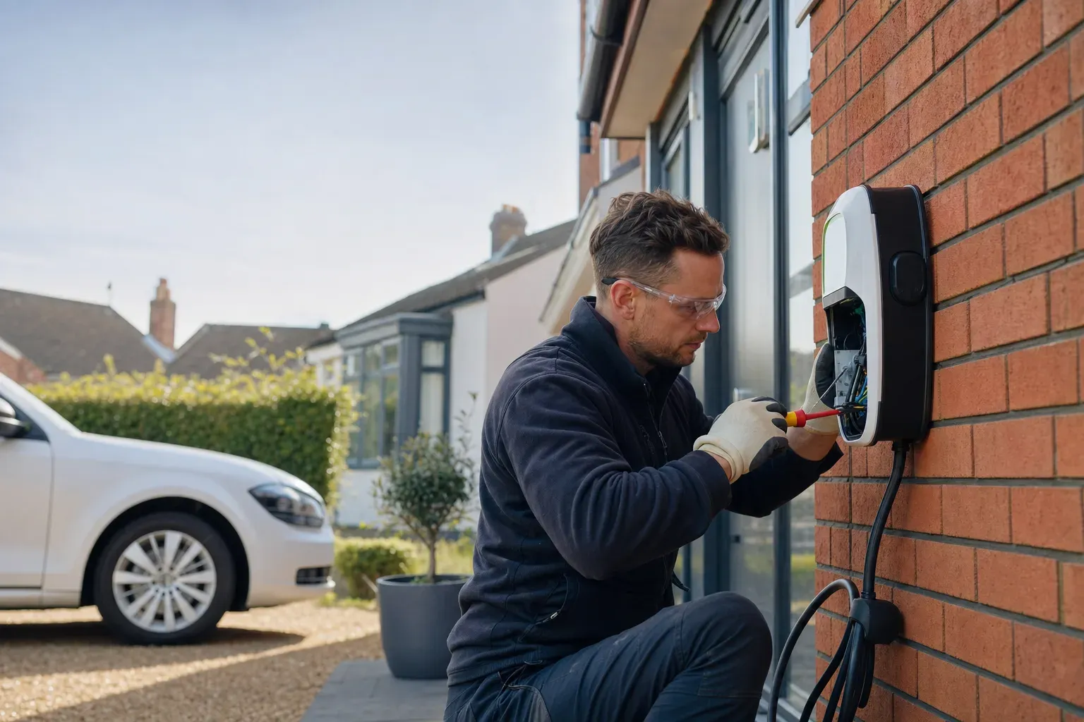 An electrician in PPE installing an EV charger on a UK house wall.