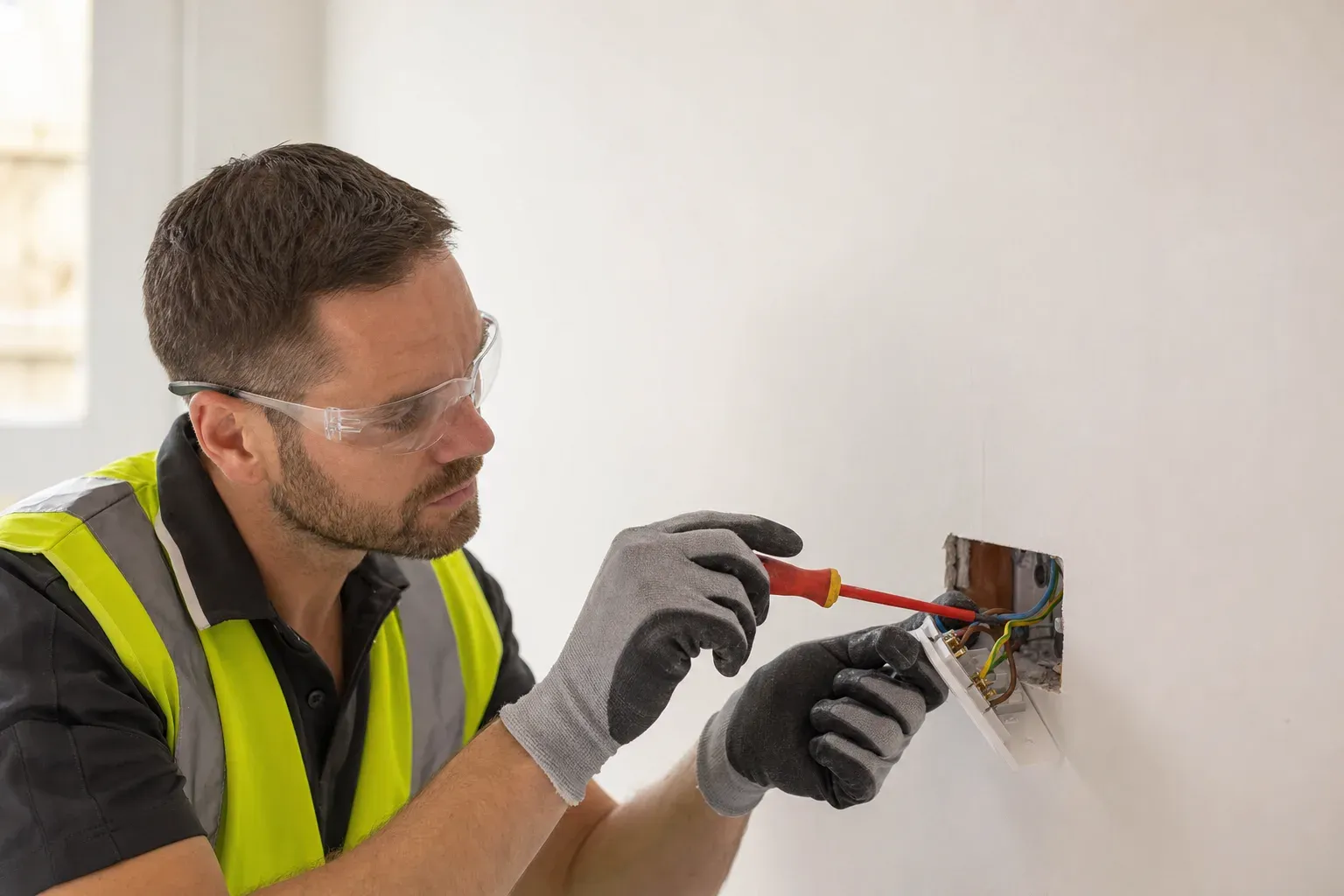An electrician in gloves wiring a UK wall socket with a screwdriver.