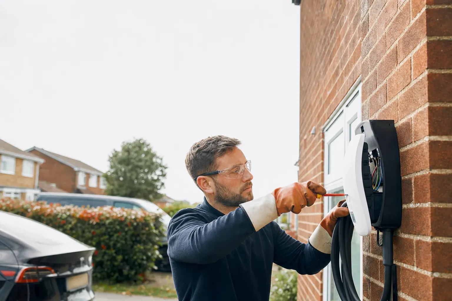An electrician in PPE installing an EV charger on a UK house wall.