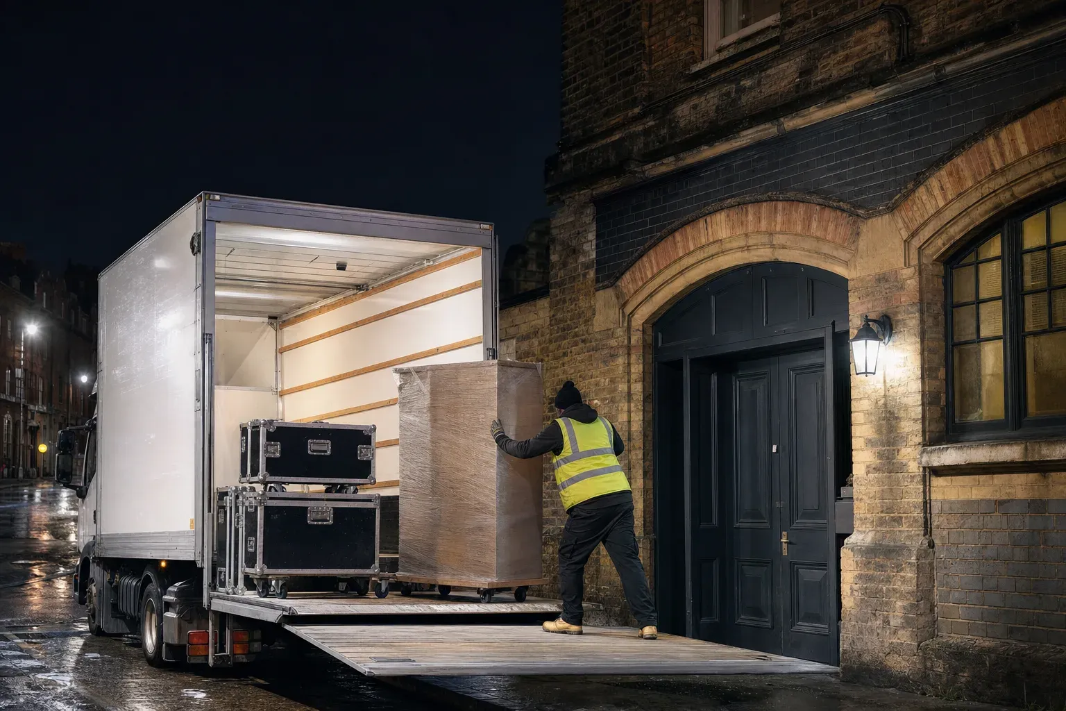 Night get-in at a theatre stage door, set pieces coming off a box truck