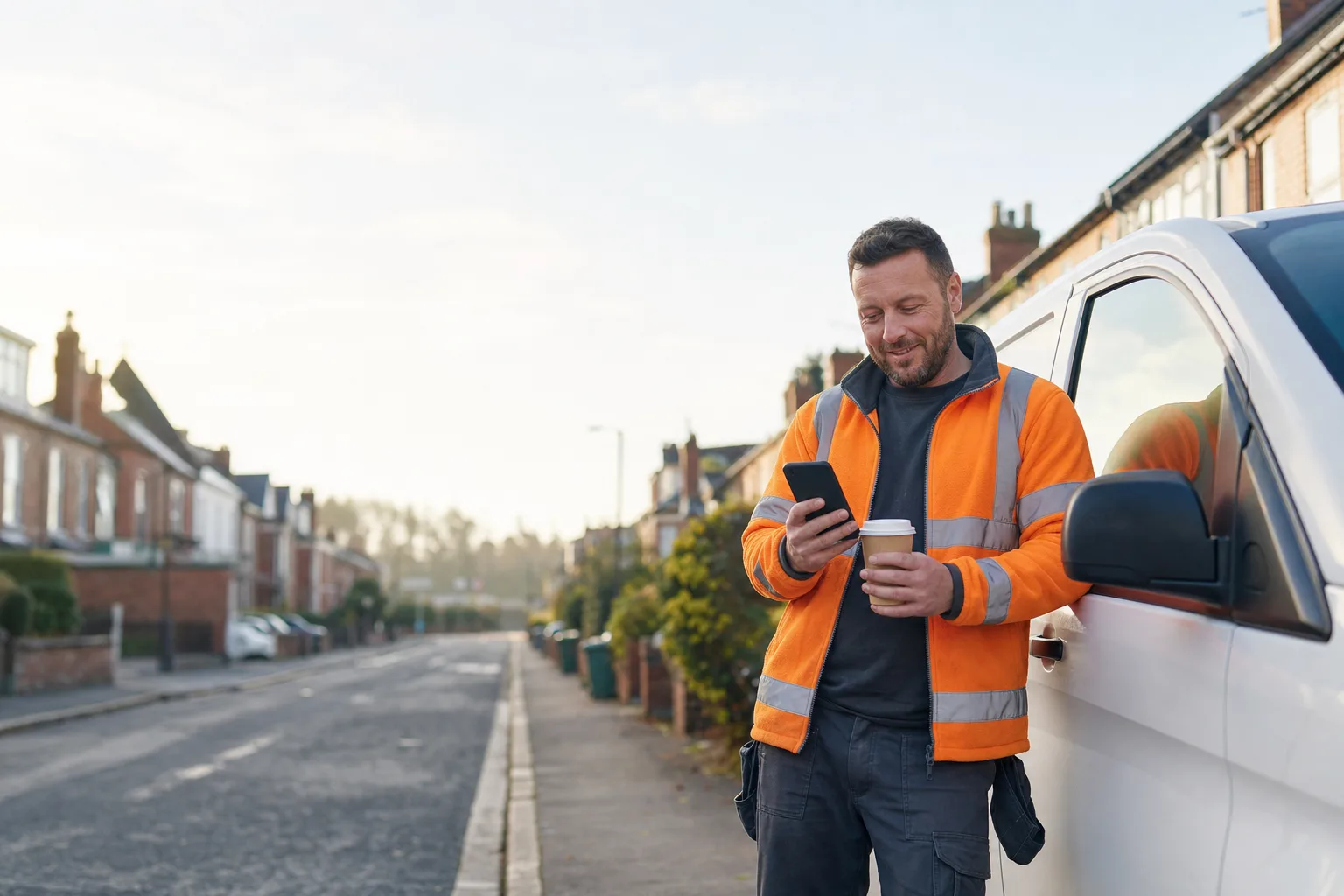 A tradesperson in hi-vis with a coffee, checking his phone beside his van on a UK street