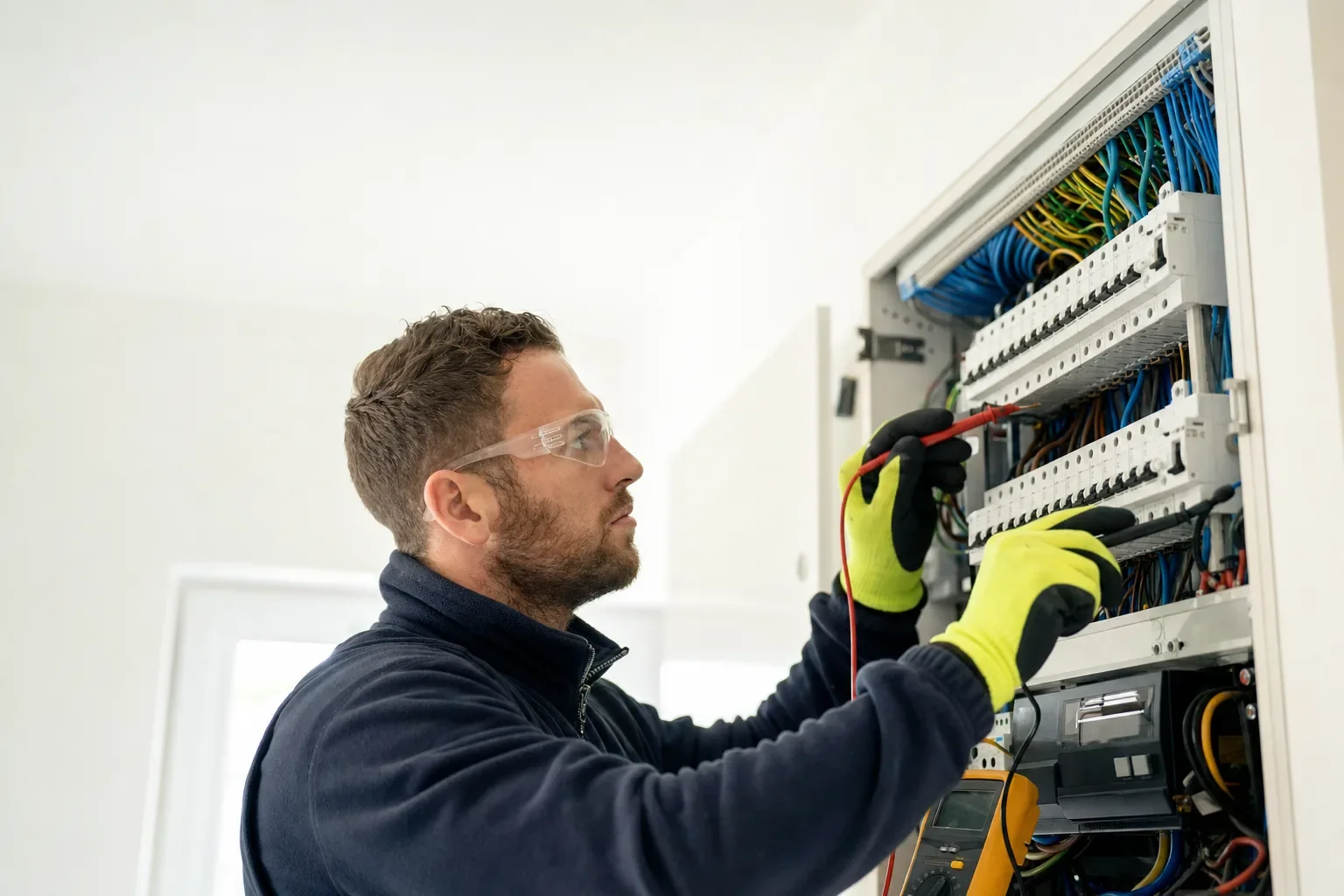 An electrician in insulated gloves and safety glasses testing a consumer unit
