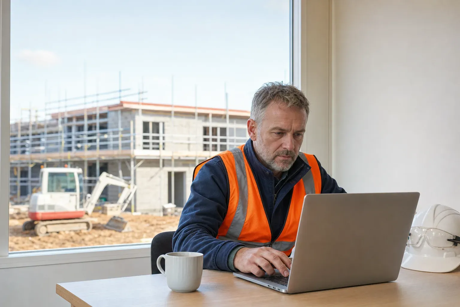A construction site manager in hi-vis reviewing a website on a laptop in a site office, the build visible through the window