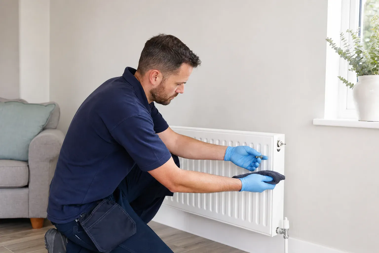 A plumber in blue gloves adjusting a radiator valve in a UK living room