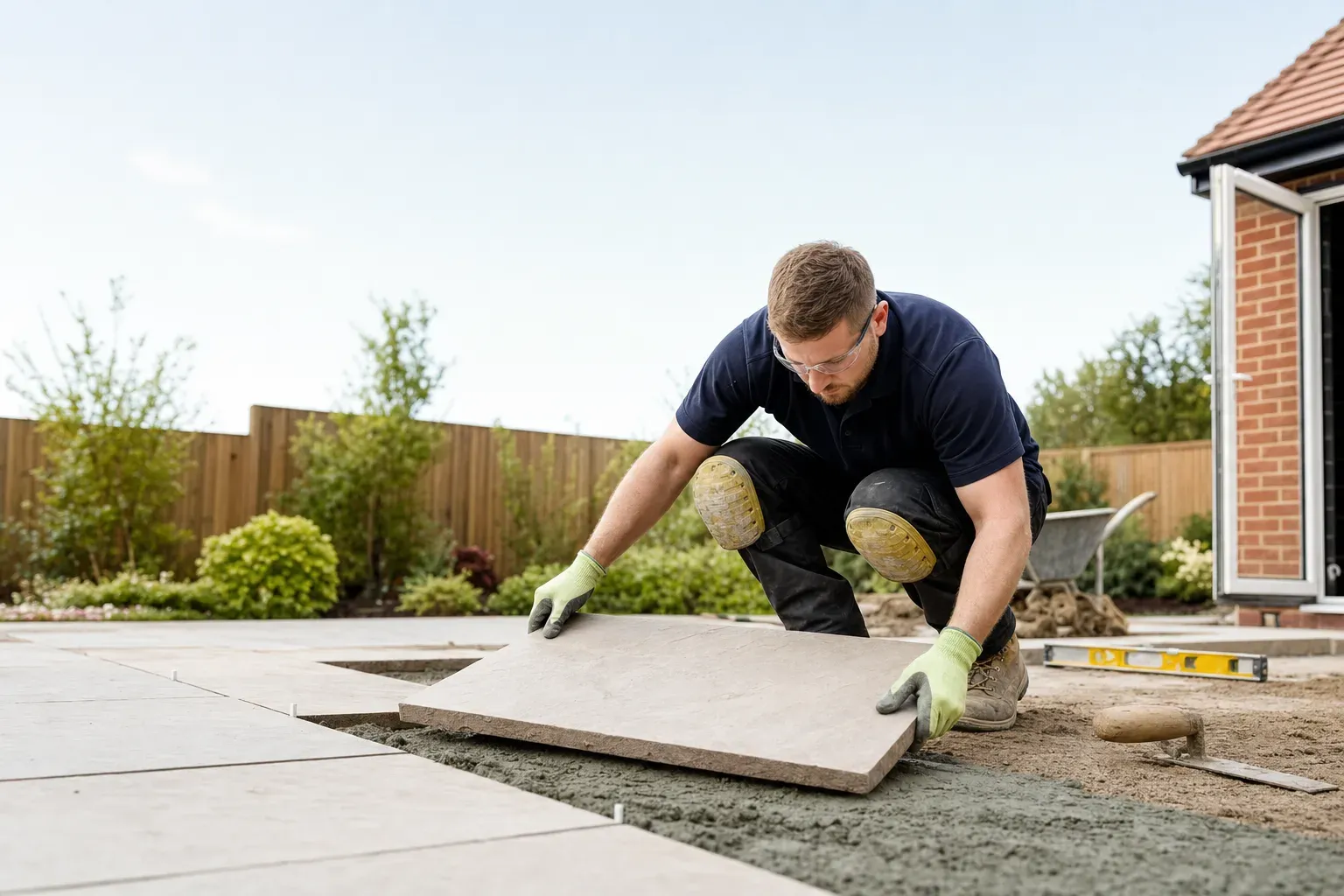 A landscaper laying a stone paving slab on a mortar bed in a UK back garden.