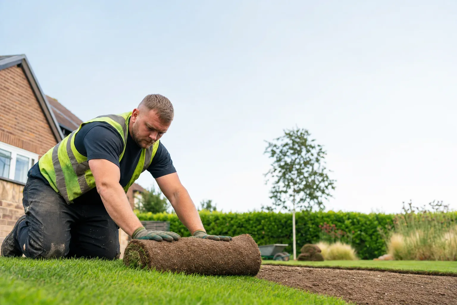 A landscaper laying fresh turf in a UK garden.