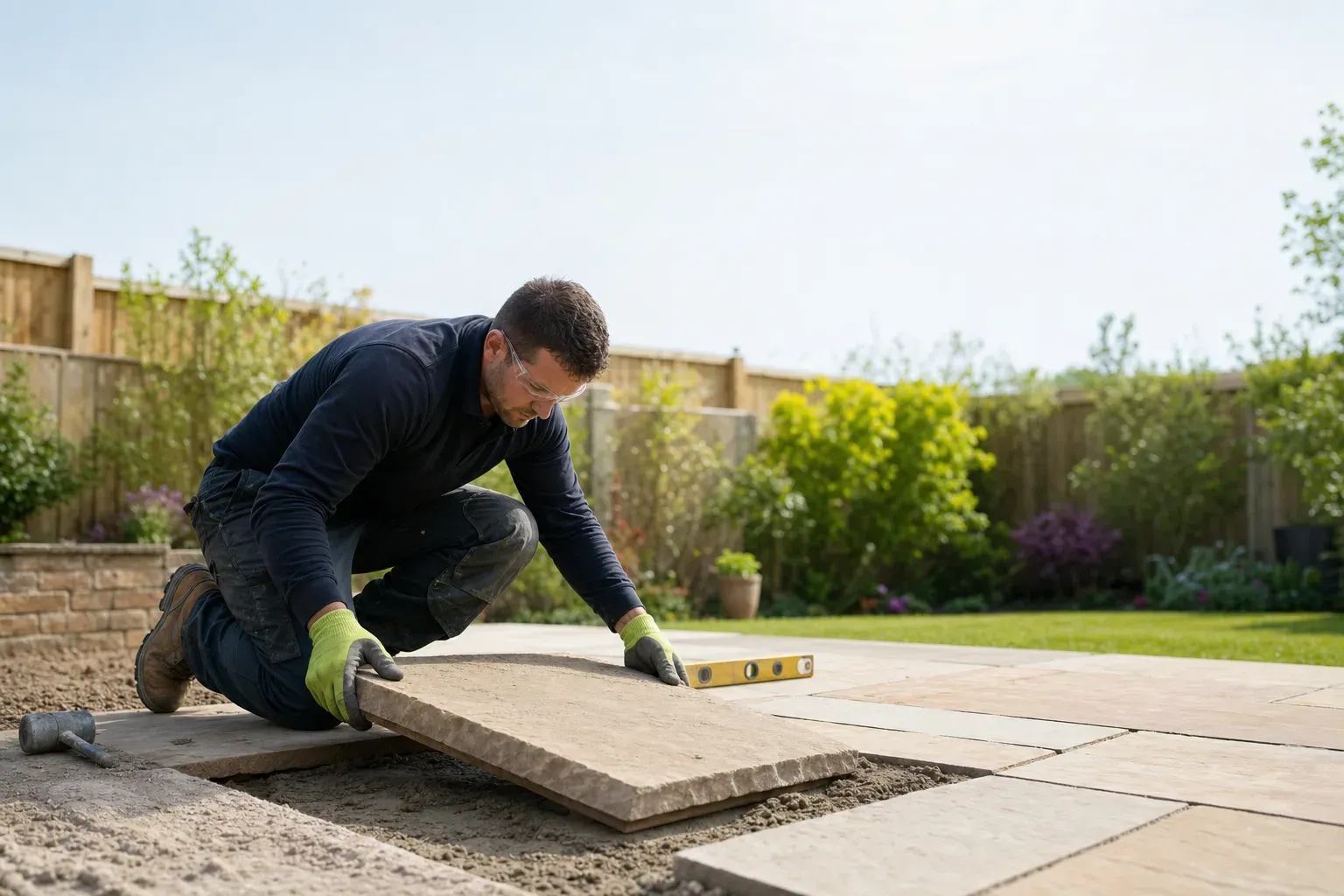 A landscaper laying a stone paving slab on a mortar bed in a UK back garden.