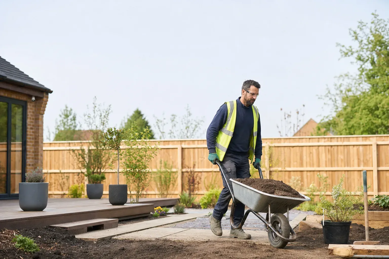 A landscaper building a UK garden with new decking and planting.