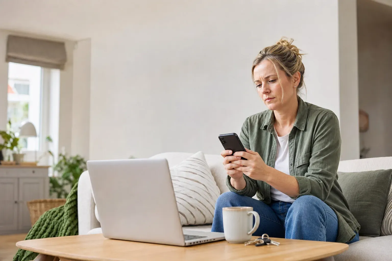 A homeowner sitting at home looking for a tradesperson on her phone, a laptop open on the table beside her