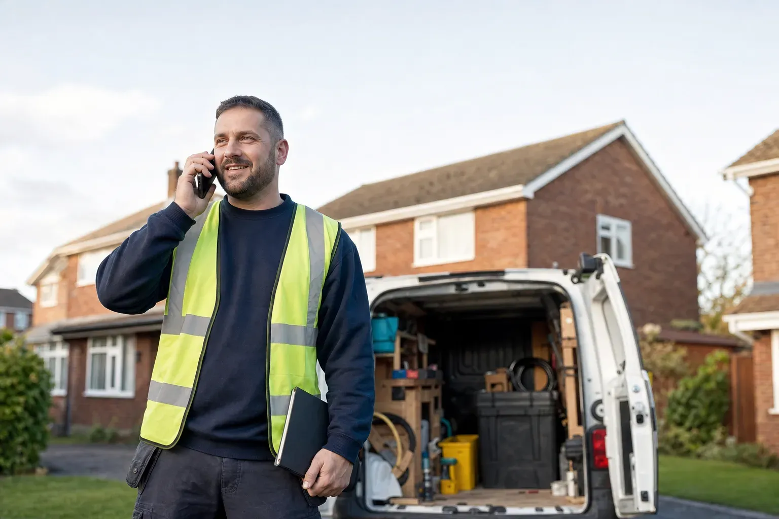 A tradesperson in a hi-vis vest taking a call beside their van outside a UK house