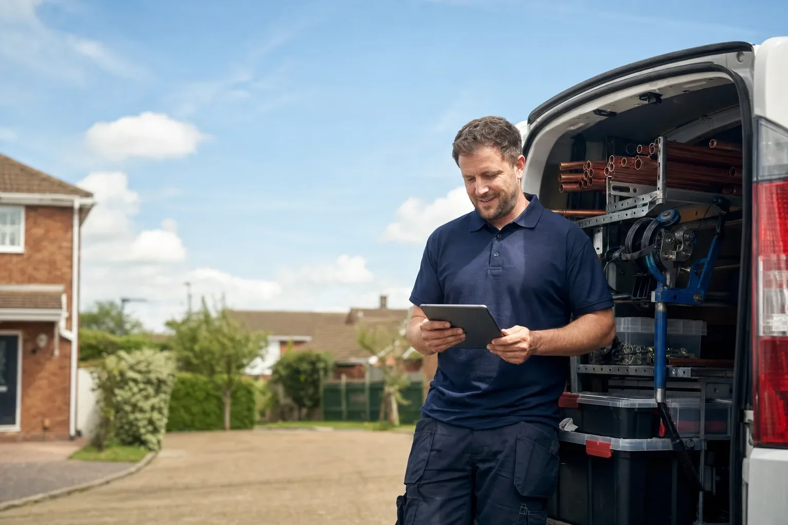 A heating engineer checking their new website on a tablet at the back of their van