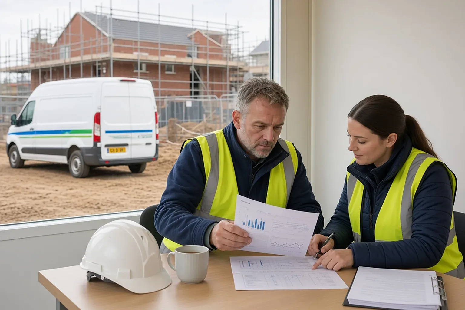 A construction director and his marketing manager in hi-vis reviewing a printed marketing report in a site cabin, a white van and scaffolded build outside