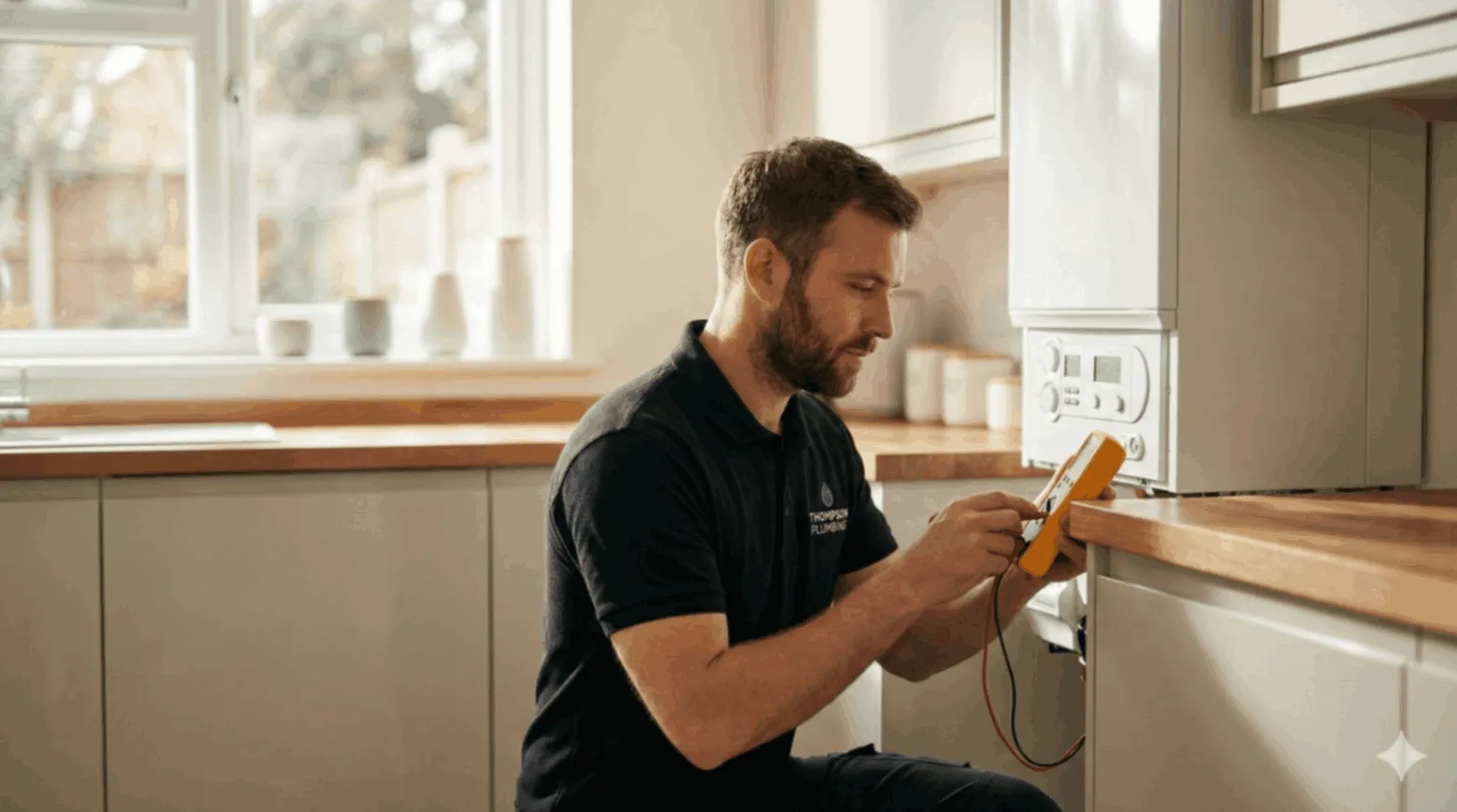 Heating engineer testing a system with a multimeter