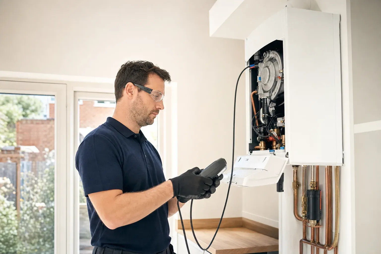 A plumber taking a diagnostic reading from a boiler in a UK home.