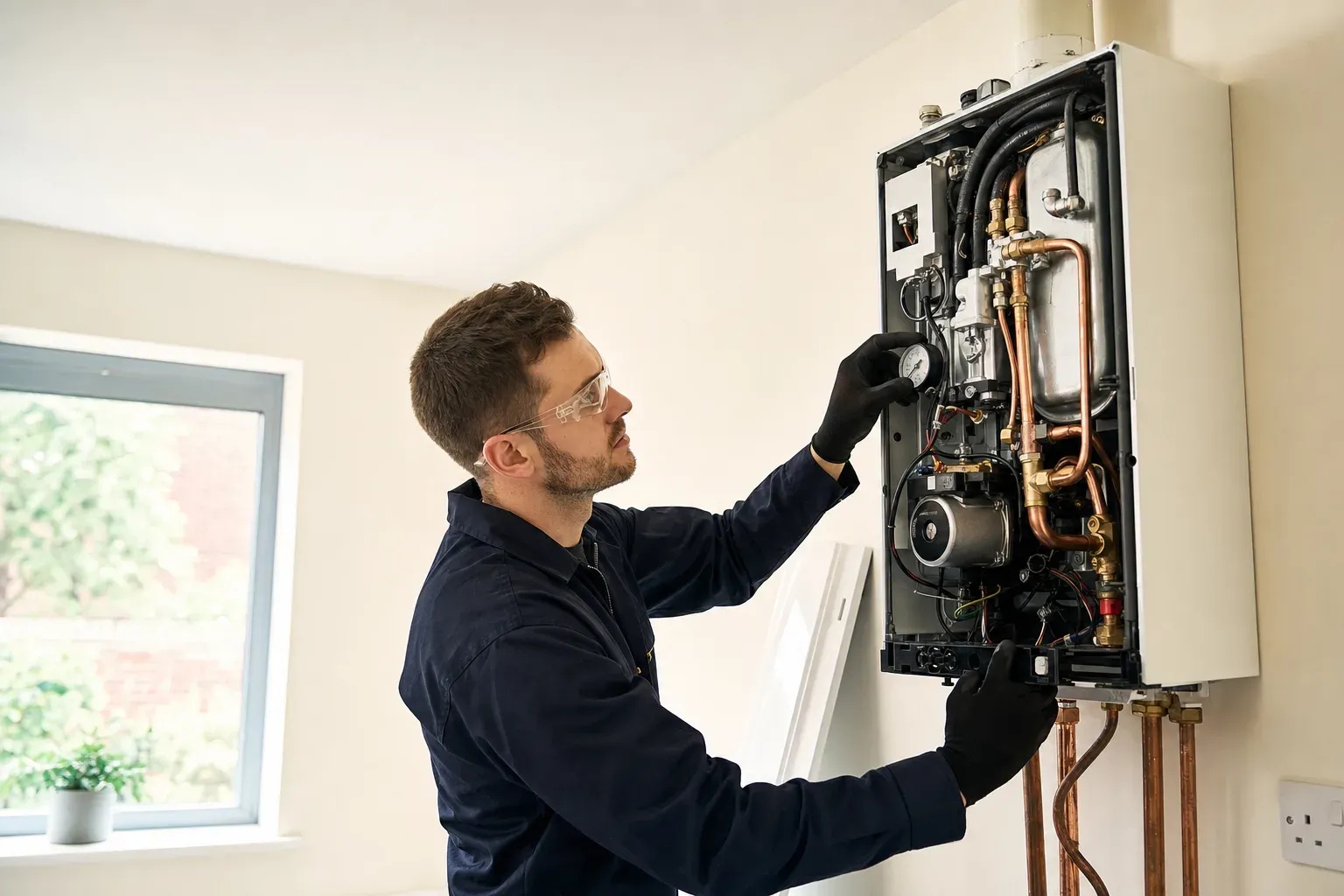 A plumber servicing the internals of a combi boiler in a UK home.