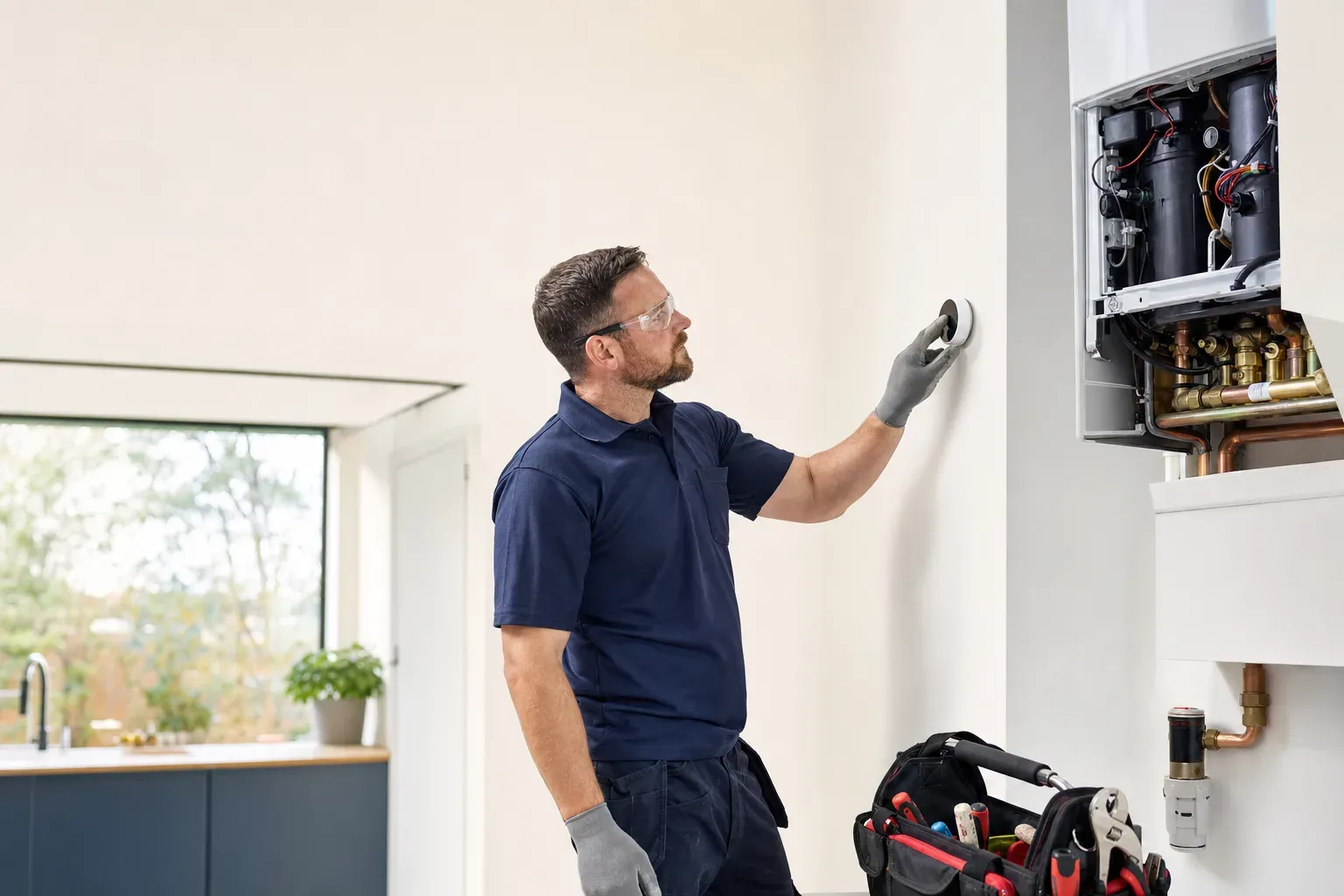 A plumber setting a smart heating control beside a boiler in a UK home.