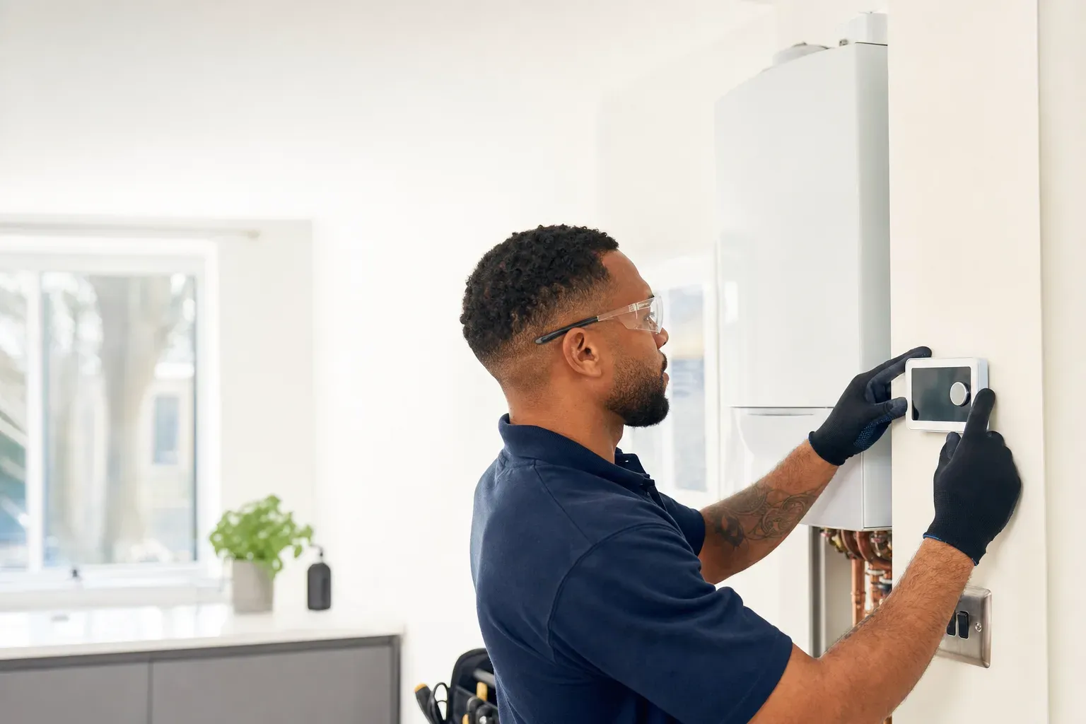 A plumber setting a smart heating control in a UK home.