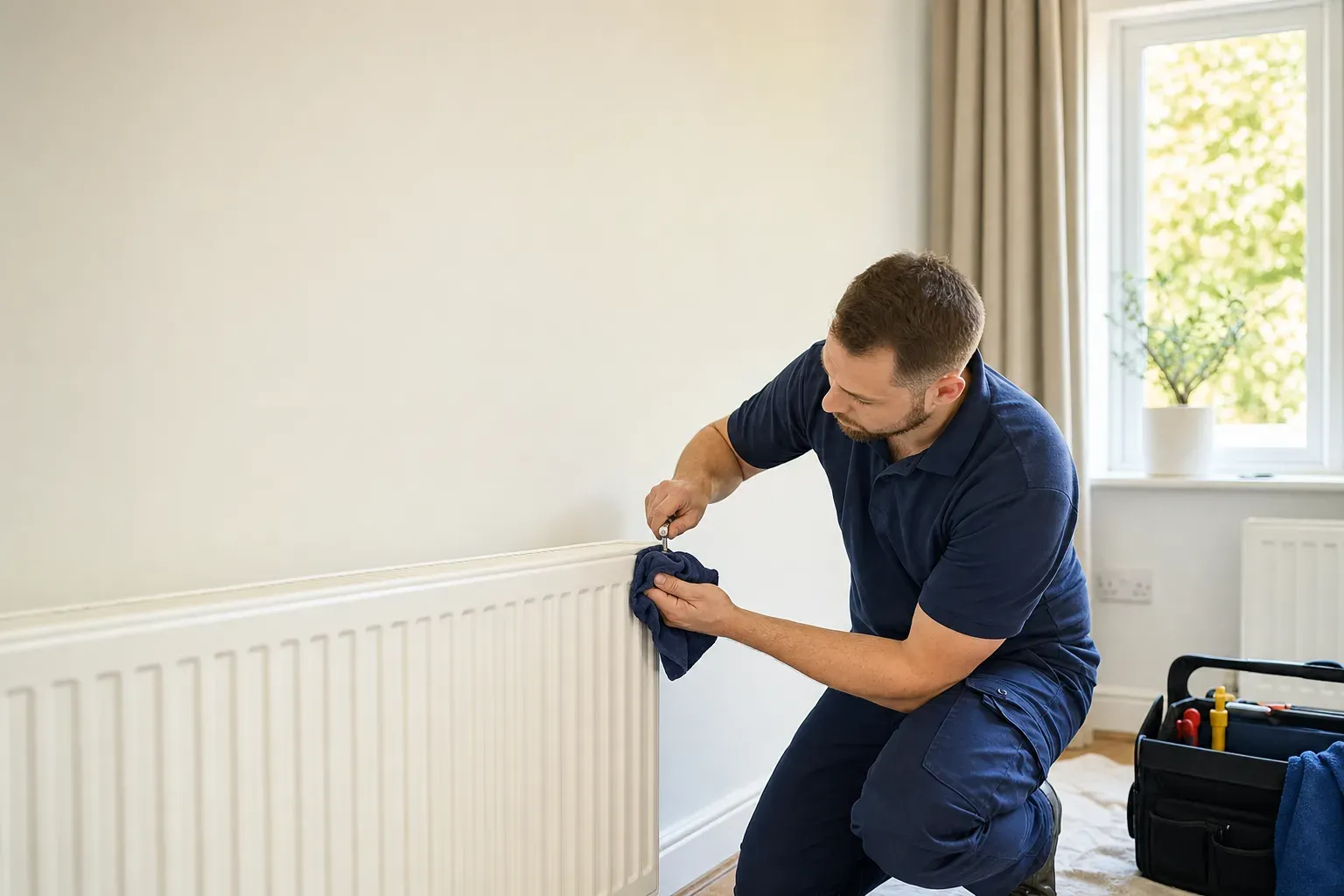 A plumber bleeding a radiator with a bleed key in a UK home.