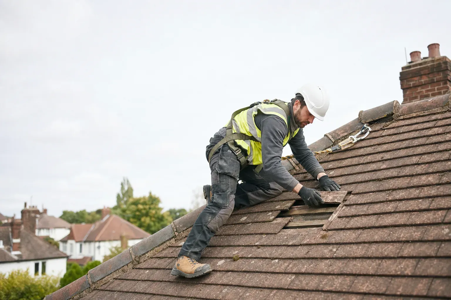 A roofer in a harness and hi-vis replacing a tile on a UK pitched roof.