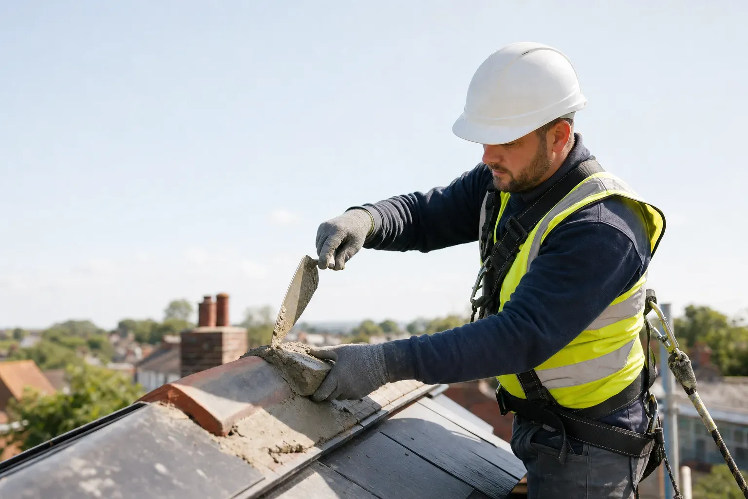 A roofer in a harness bedding a ridge tile in mortar on a UK roof.