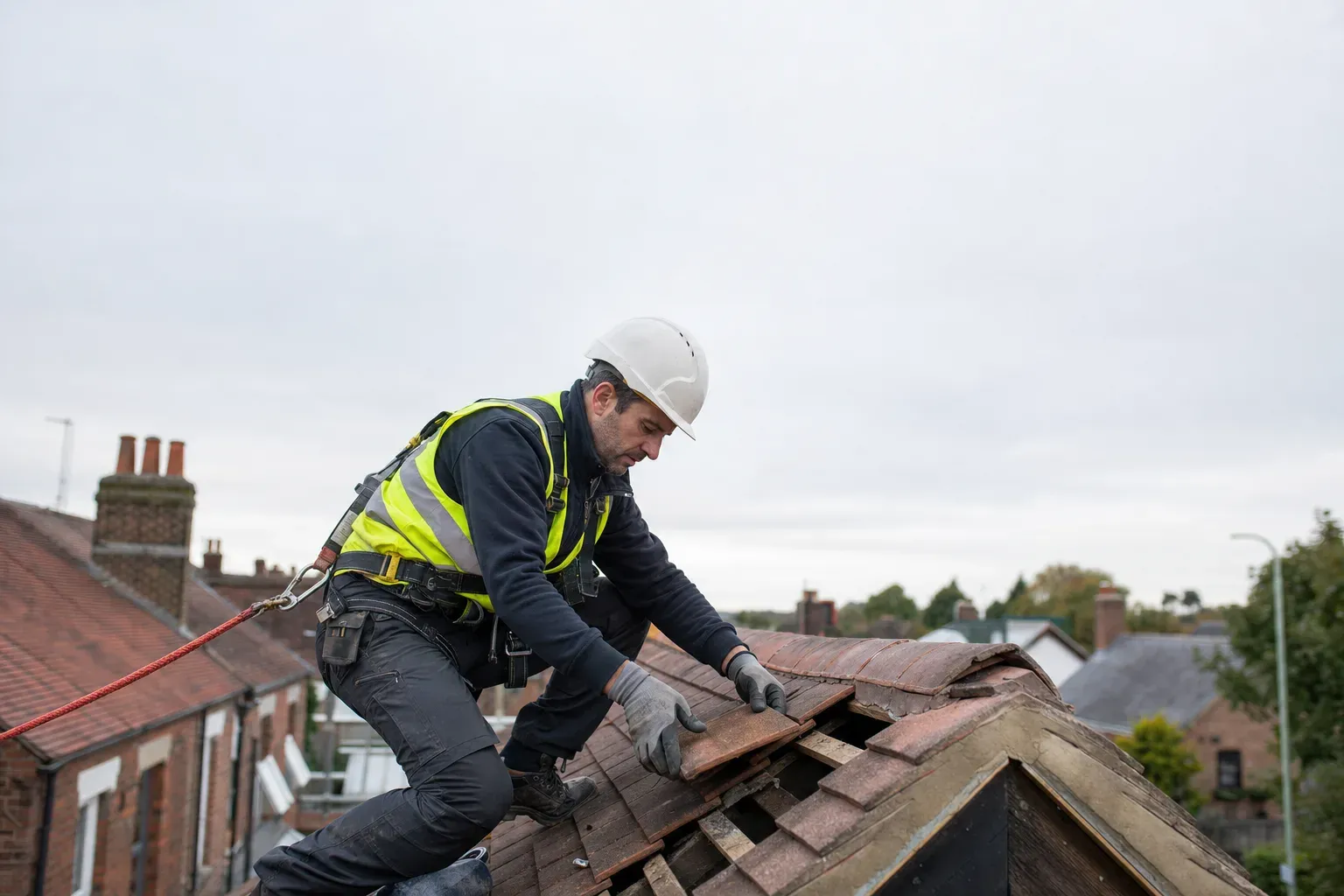 A roofer in a harness and hi-vis replacing a tile on a UK pitched roof.