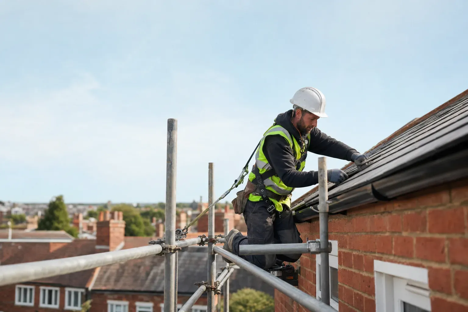 A roofer in a harness and hi-vis on scaffolding at a UK terraced house roof.