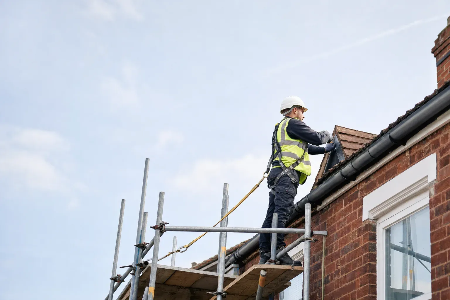 A roofer in a harness and hi-vis on scaffolding at a UK terraced house roof.