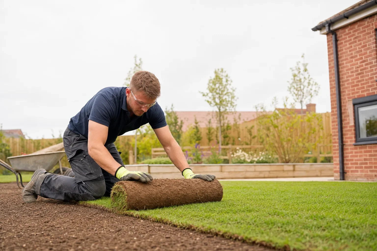 A landscaper rolling out fresh turf in a UK back garden