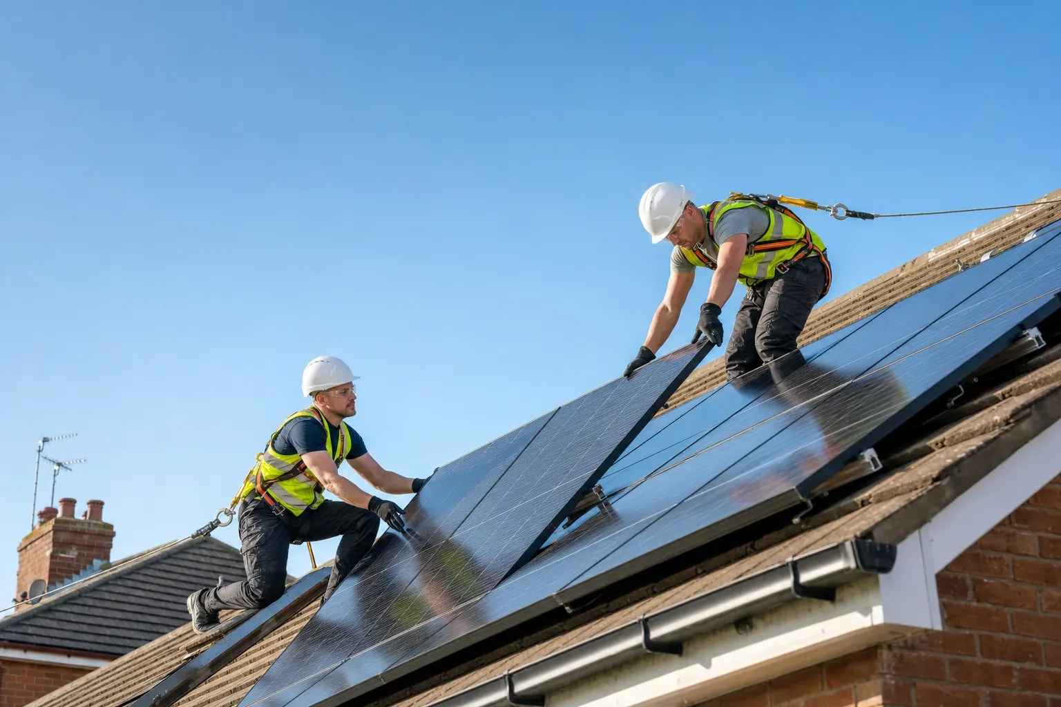 Installers in harnesses and hi-vis fitting solar panels on a UK house roof.