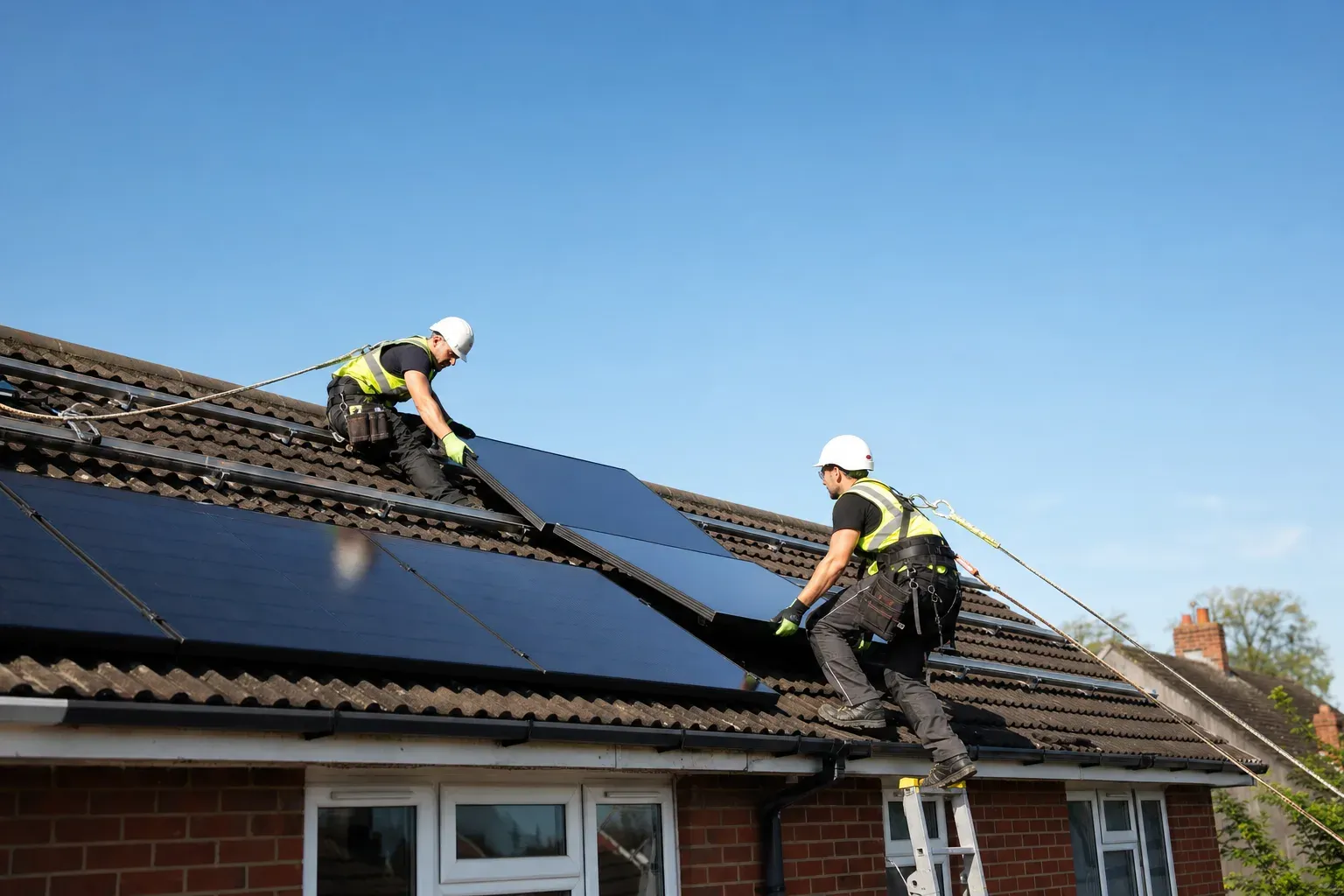 Installers in harnesses and hi-vis fitting solar panels on a UK house roof.