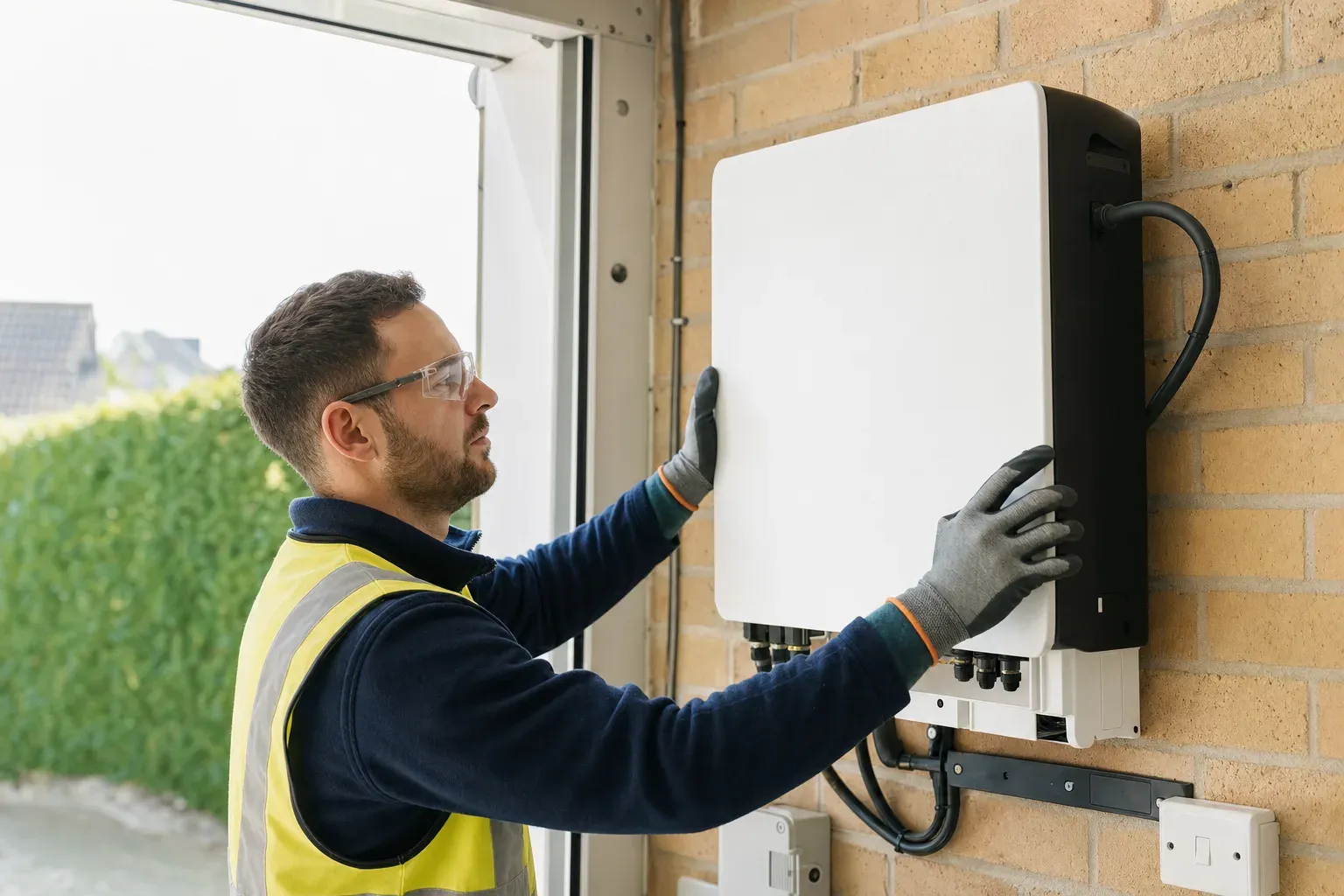 An installer fitting a home battery storage unit in a UK garage.