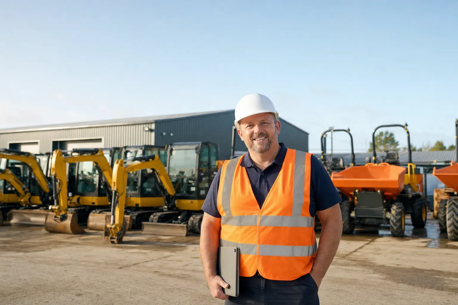 A plant hire yard manager in hi-vis and a hard hat in front of a row of mini excavators